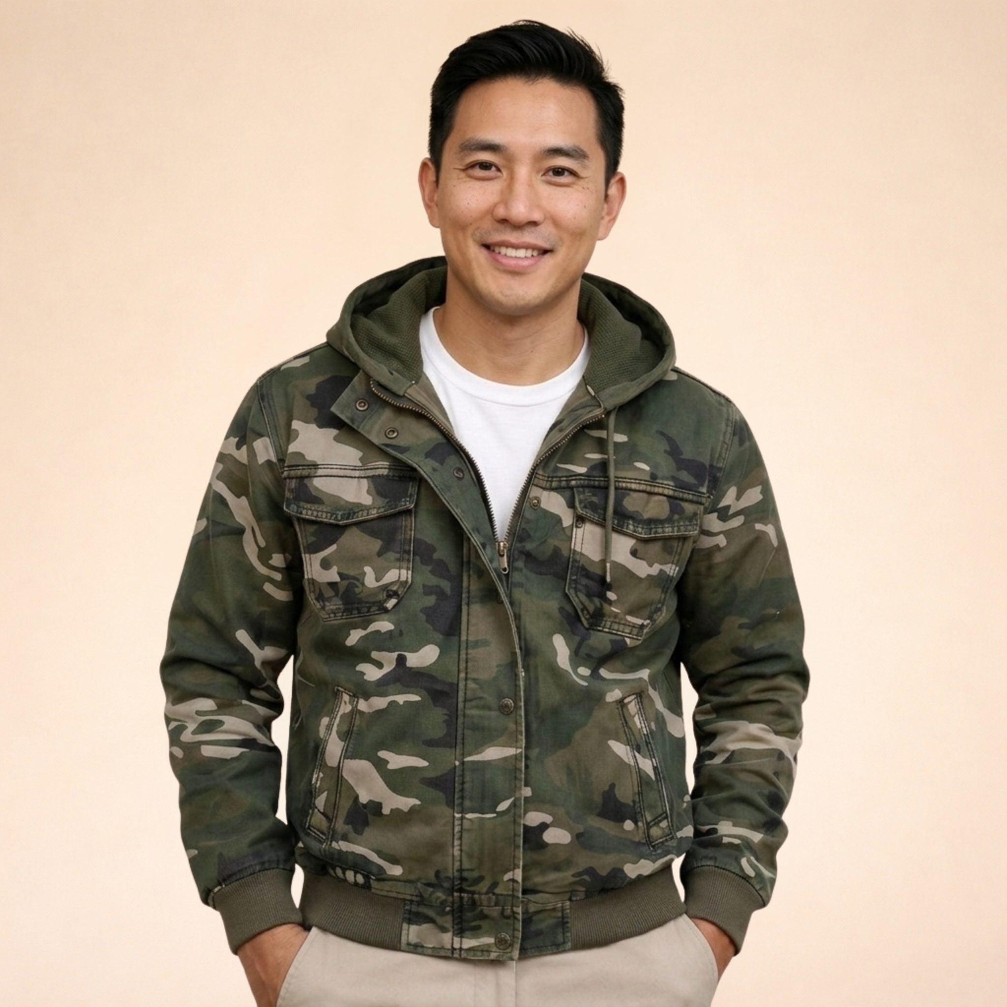 Hooded Zip-Up Camouflage Cargo Jacket for Men - View 6