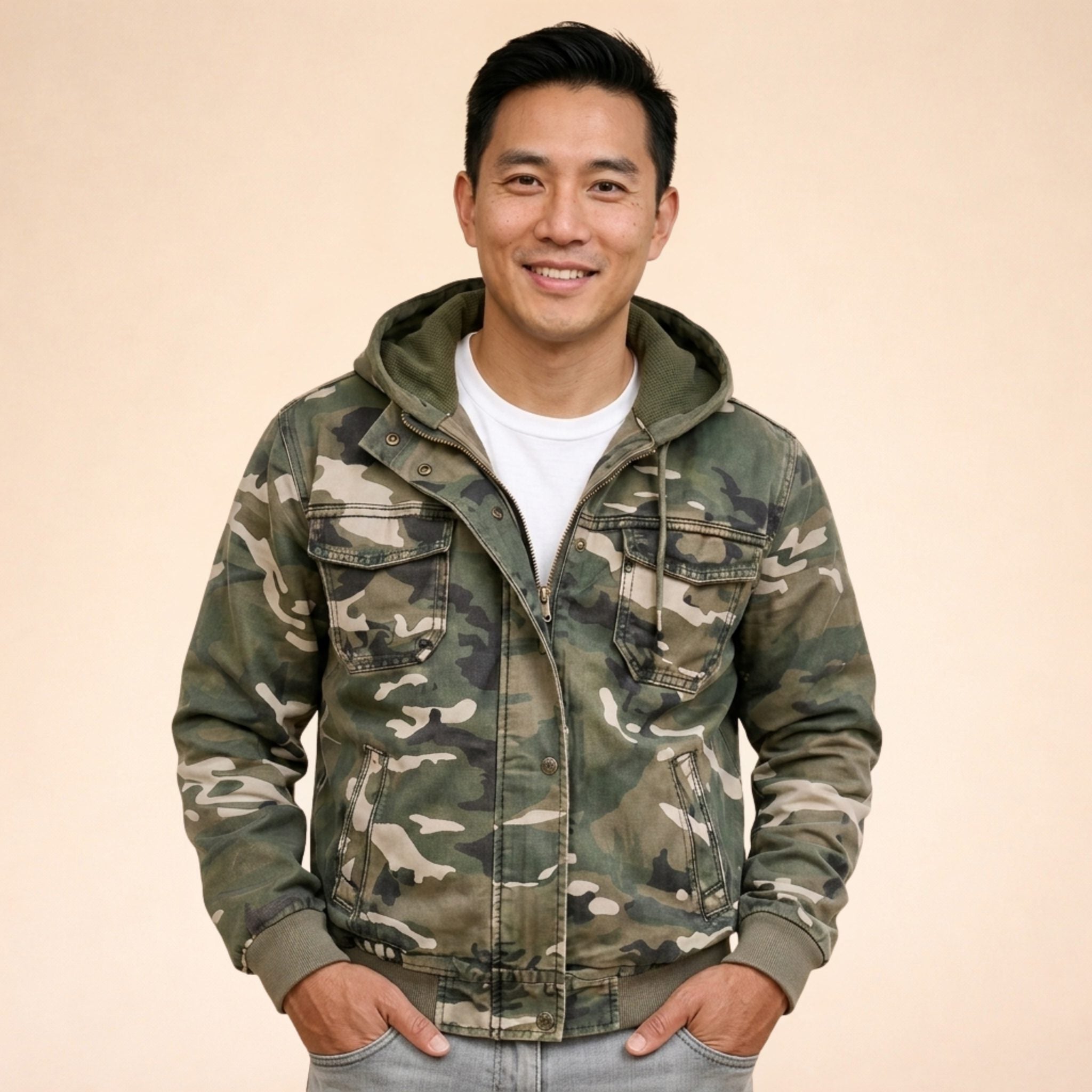 Hooded Zip-Up Camouflage Cargo Jacket for Men - View 8