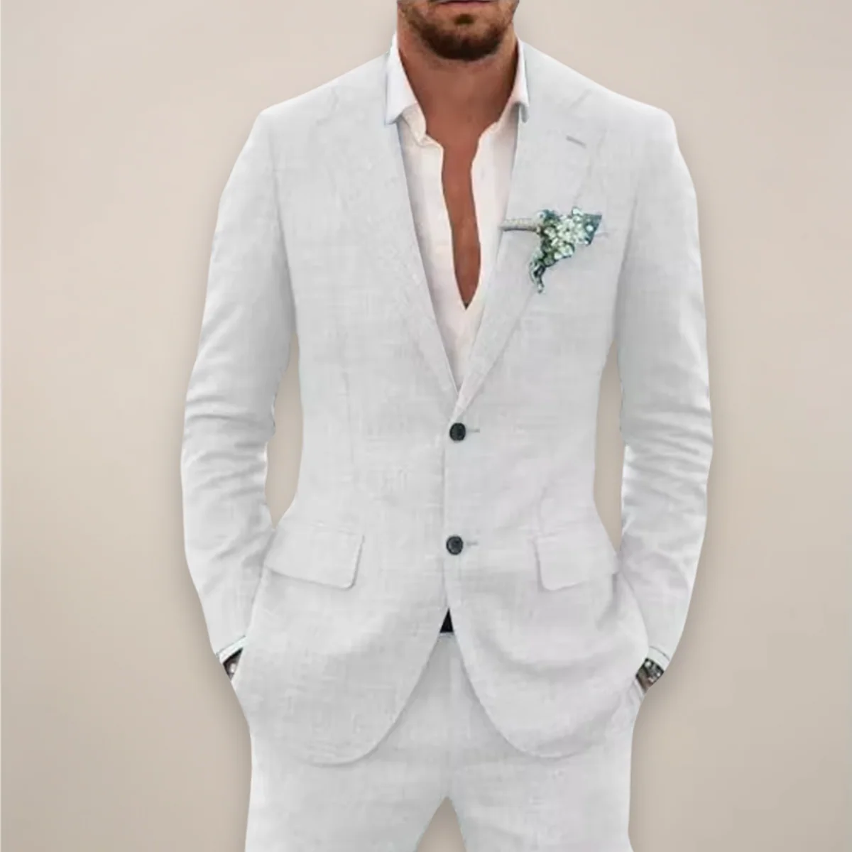 Two-Piece Linen Set with Blazer and Trousers for Men
