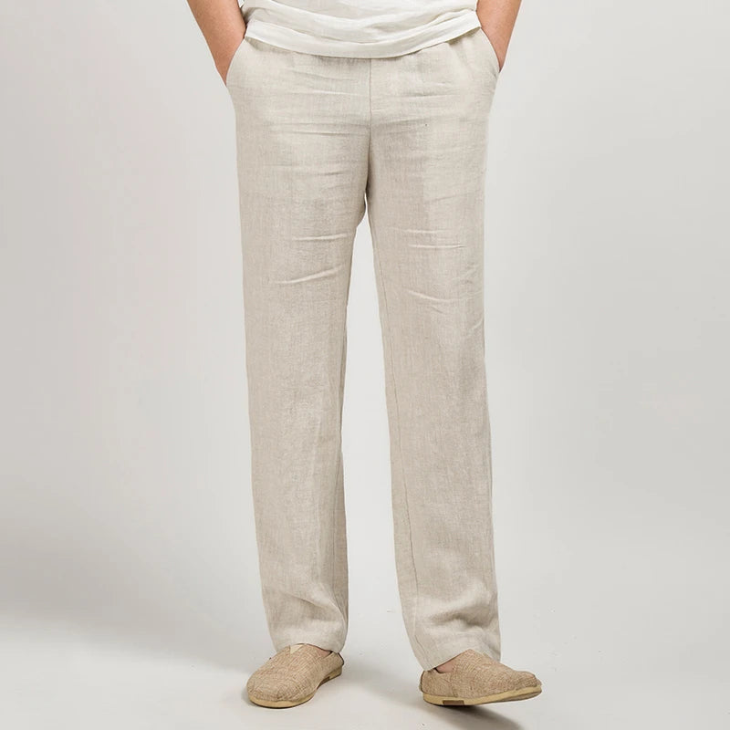 Straight Leg Linen Trousers with Pockets for Men