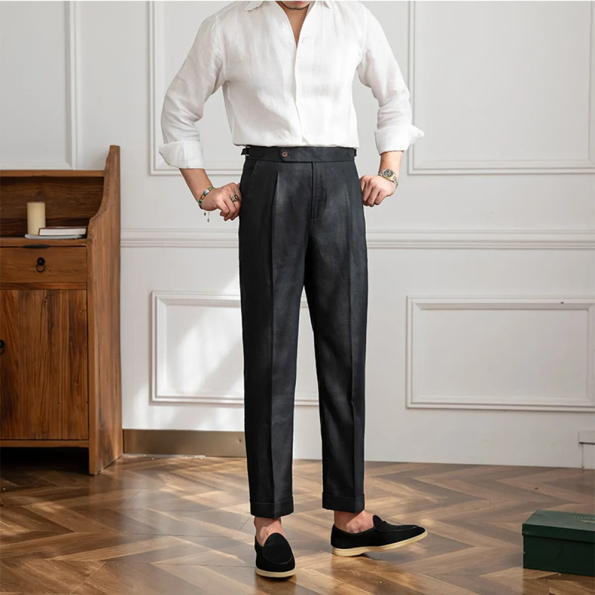 Pleated Linen Trousers with Cuffed Hem for Men