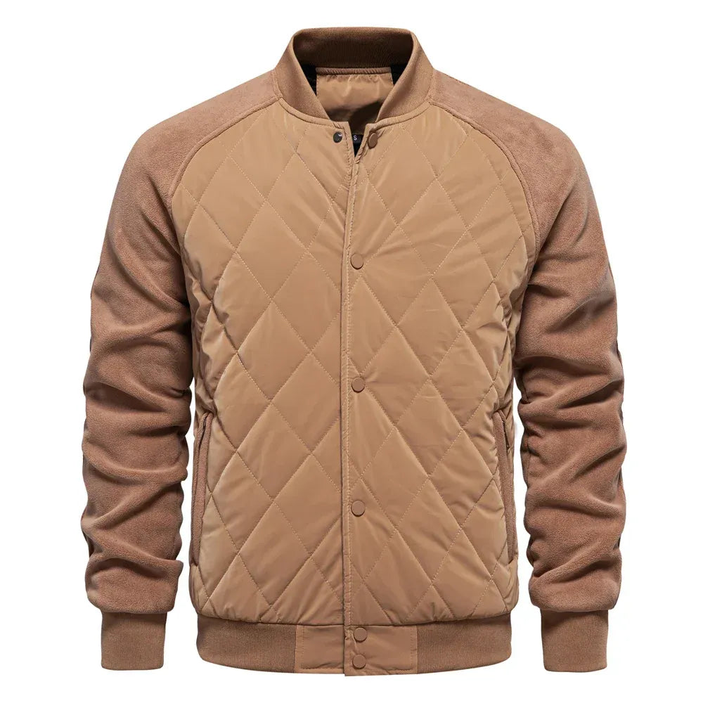 Quilted Bomber Jacket with Snap Button Closure for Men
