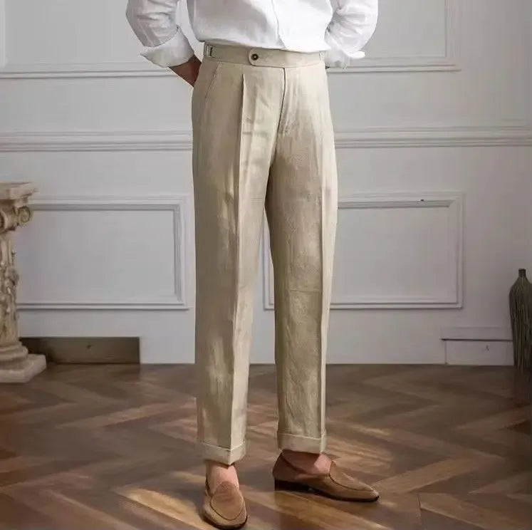 Pleated Linen Trousers with Cuffed Hem for Men