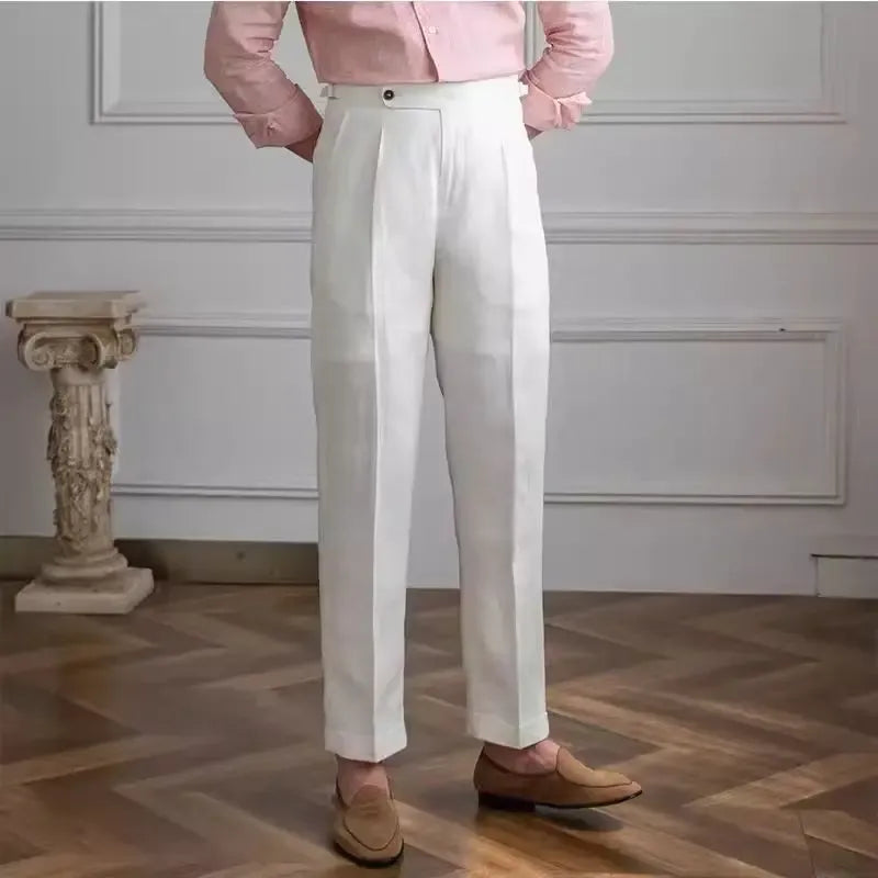 Pleated Linen Trousers with Cuffed Hem for Men