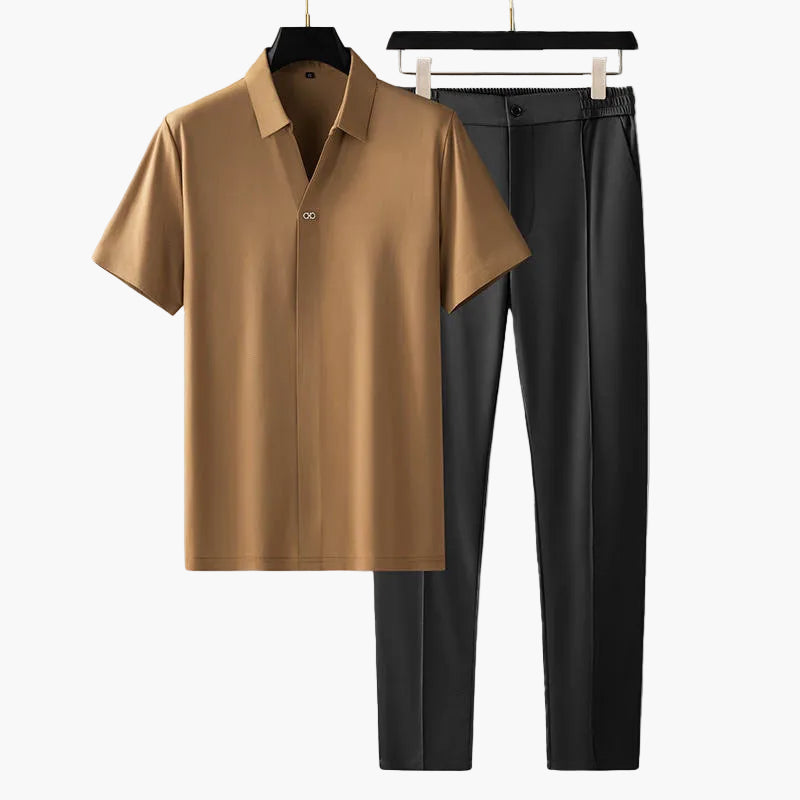 Two-Piece Set with  Short Sleeve Polo and Trousers for Men
