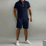 Ribbed Knit Zip Polo Shorts Set for Men