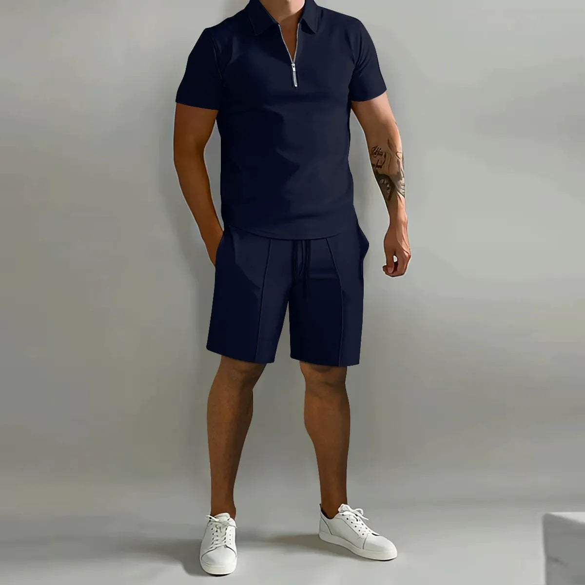 Ribbed Knit Zip Polo Shorts Set for Men