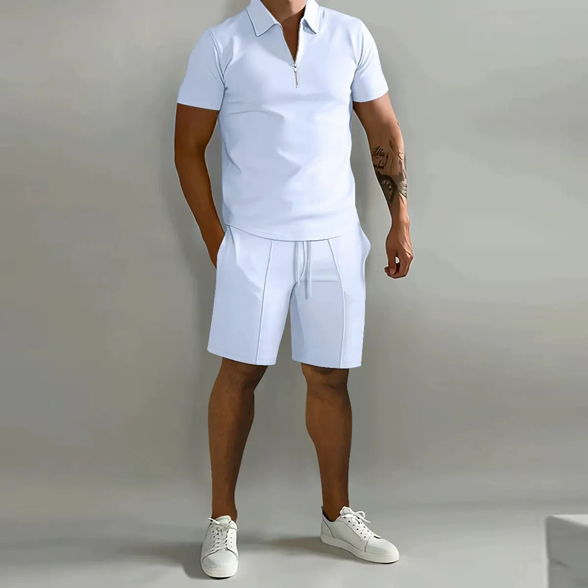 Ribbed Knit Zip Polo Shorts Set for Men