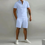 Ribbed Knit Zip Polo Shorts Set for Men