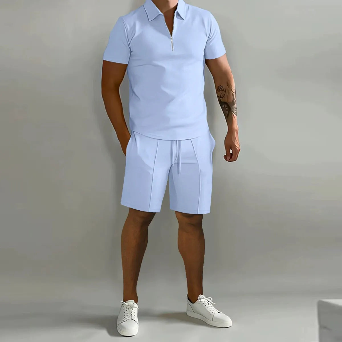 Ribbed Knit Zip Polo Shorts Set for Men