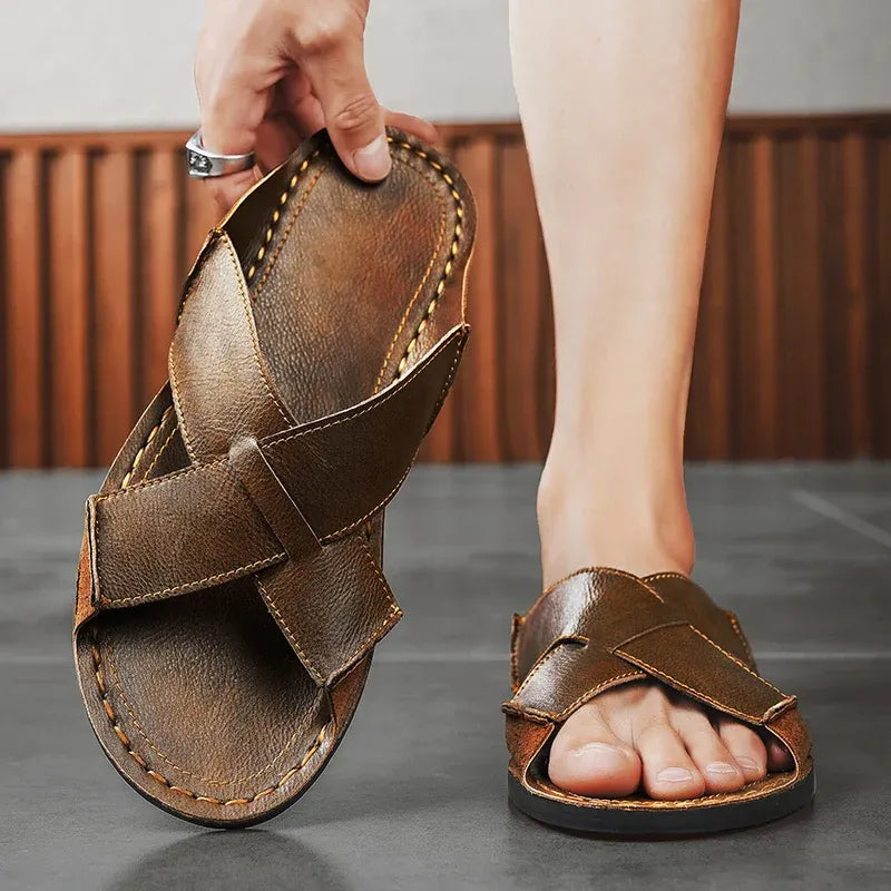 Leather Slide Sandals with Cross Straps for Men