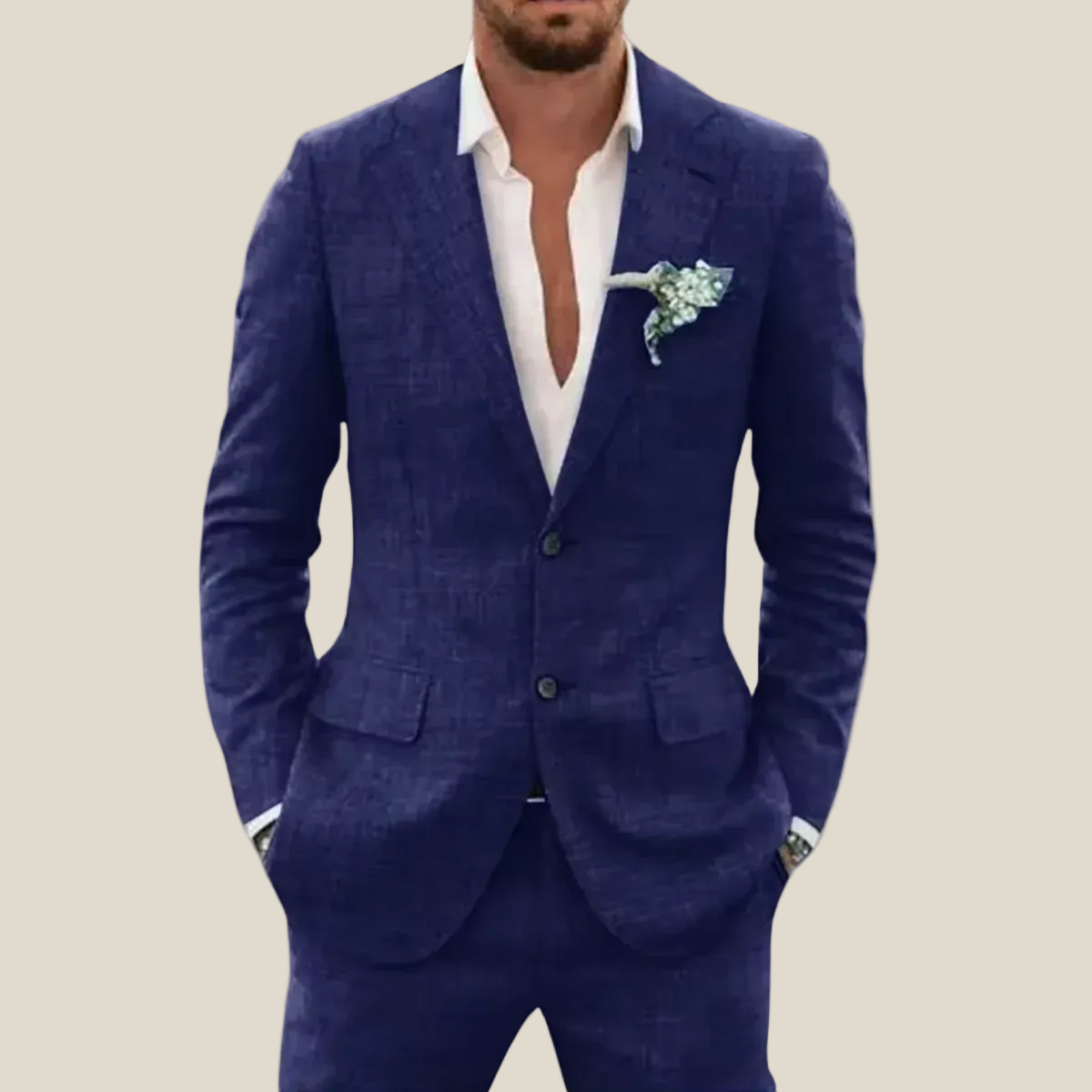 Two-Piece Linen Set with Blazer and Trousers for Men