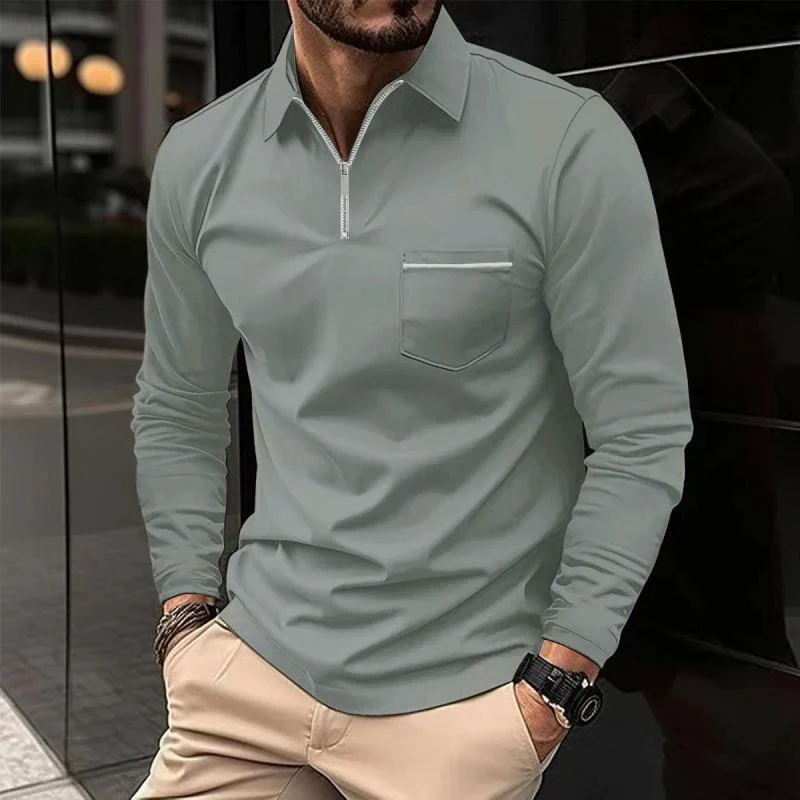 Long Sleeve Zip Polo Shirt with Chest Pocket for Men