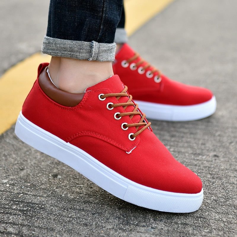 Lace-Up Canvas Trainers for Men - Red
