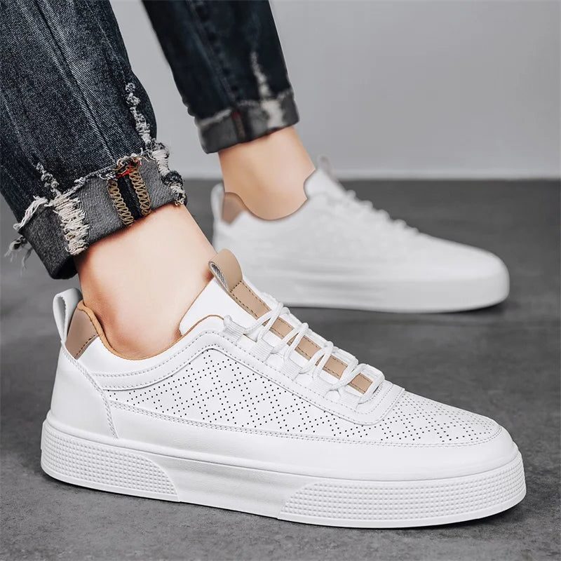 Perforated Leather Trainers with Lace-Up for Men