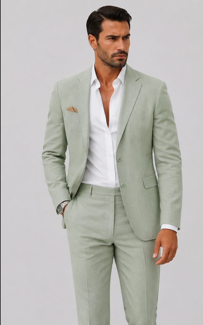 Linen Double-Breasted Slim Fit Suit Set for Men - Vert sauge