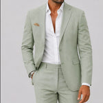 Linen Double-Breasted Slim Fit Suit Set for Men - Vert sauge
