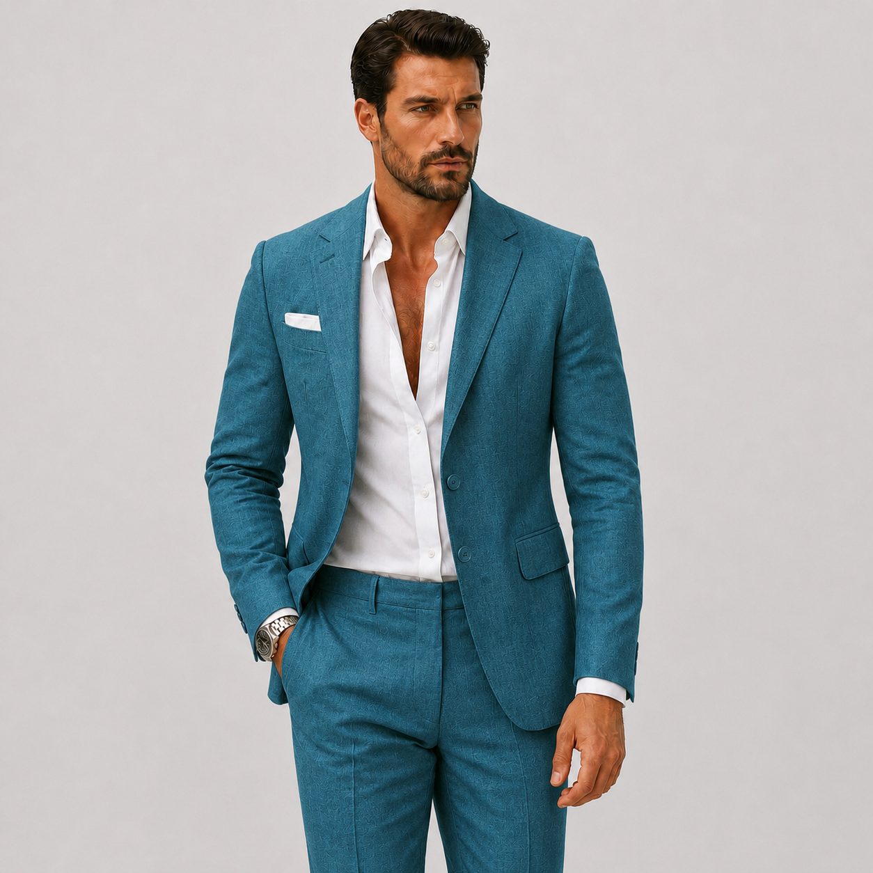 Linen Double-Breasted Slim Fit Suit Set for Men - Bleu canard