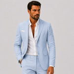 Linen Double-Breasted Slim Fit Suit Set for Men - Bleu ciel