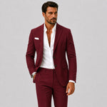 Linen Double-Breasted Slim Fit Suit Set for Men - Bordeaux