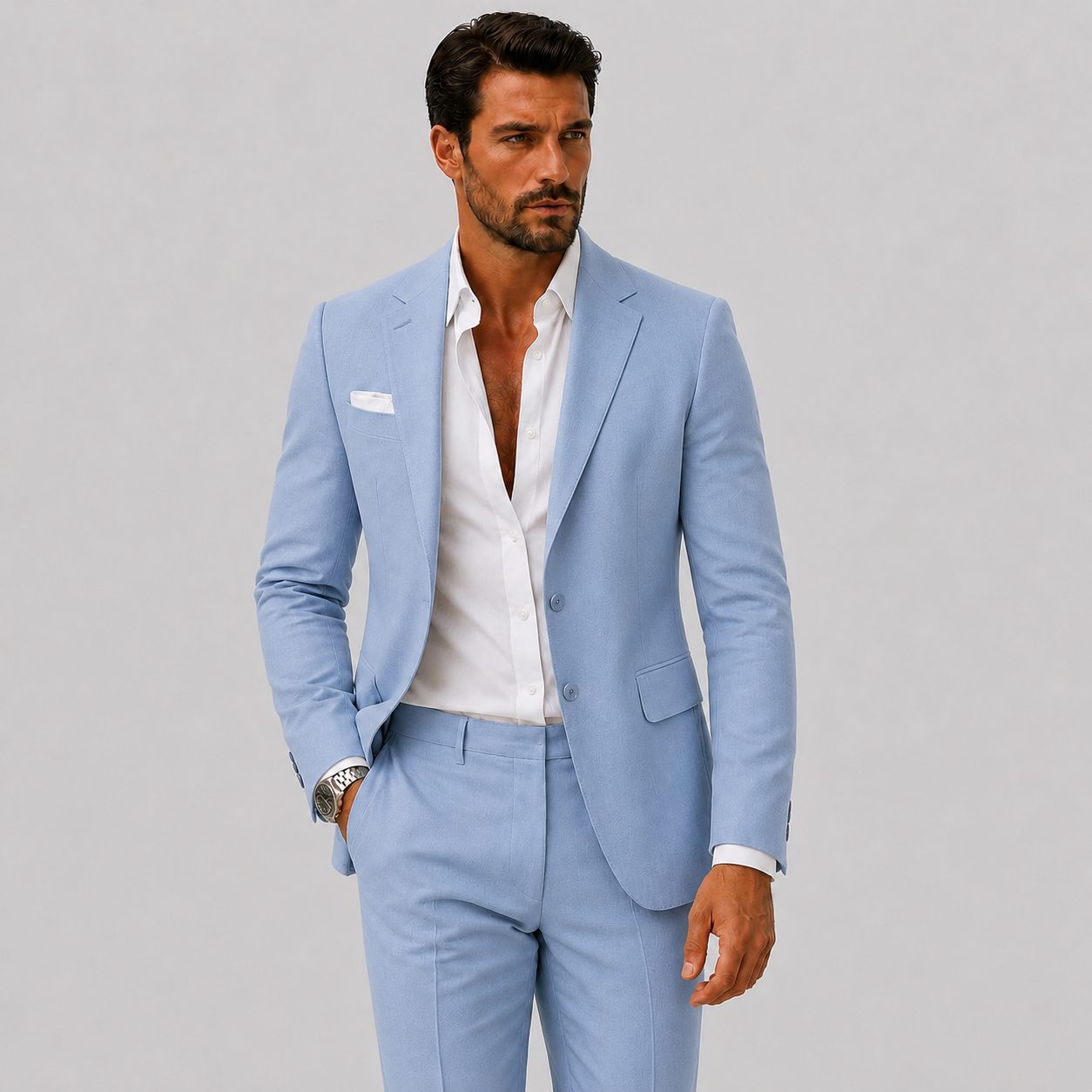 Linen Double-Breasted Slim Fit Suit Set for Men - View 16