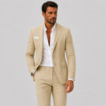 Linen Double-Breasted Slim Fit Suit Set for Men - Beige