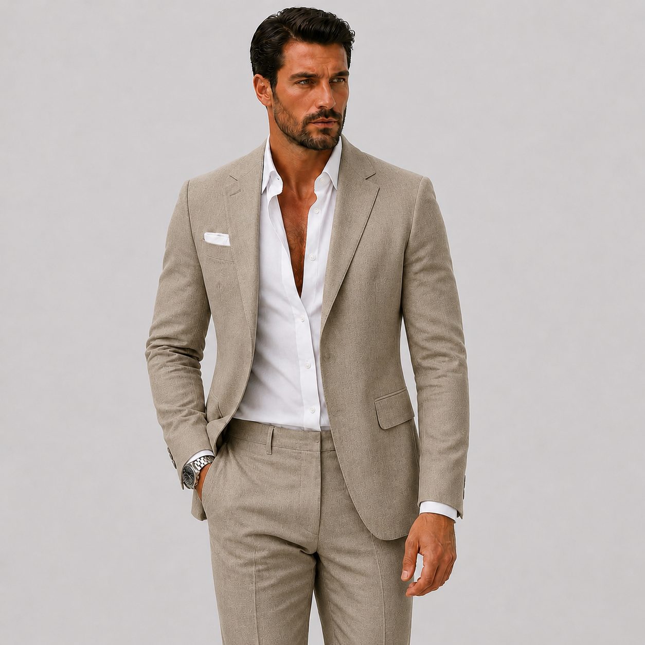 Linen Double-Breasted Slim Fit Suit Set for Men - Taupe