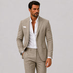 Linen Double-Breasted Slim Fit Suit Set for Men - Taupe