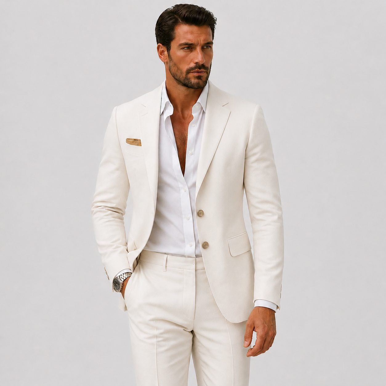 Linen Double-Breasted Slim Fit Suit Set for Men - Ivoire