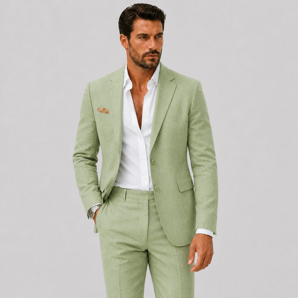 Linen Double-Breasted Slim Fit Suit Set for Men - Vert citron
