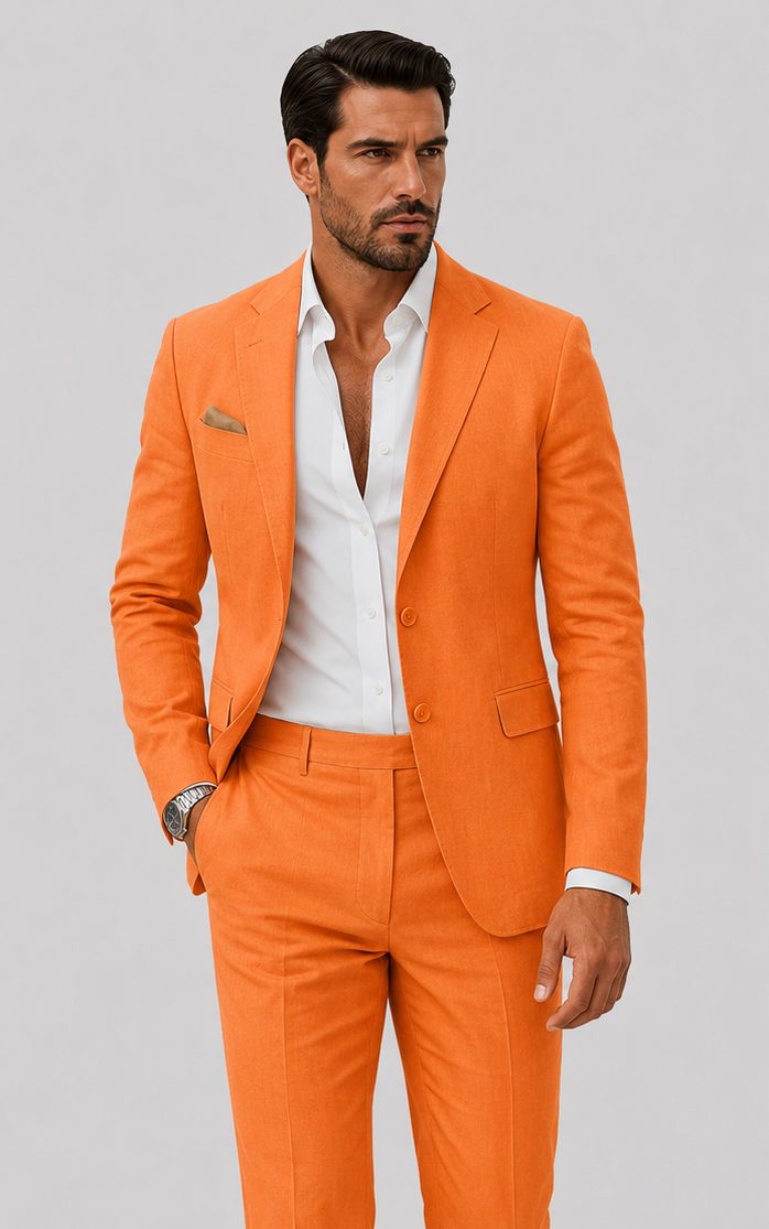 Linen Double-Breasted Slim Fit Suit Set for Men - Tangerine