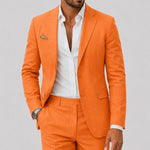 Linen Double-Breasted Slim Fit Suit Set for Men - Tangerine