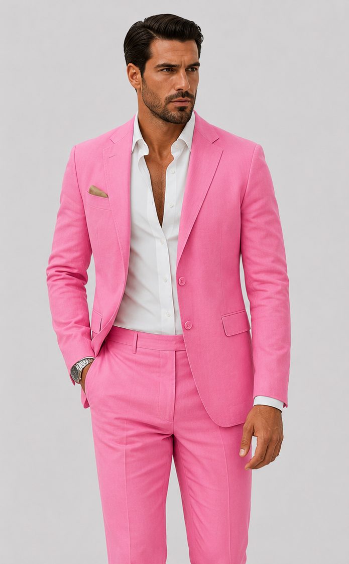 Linen Double-Breasted Slim Fit Suit Set for Men - Rose vif