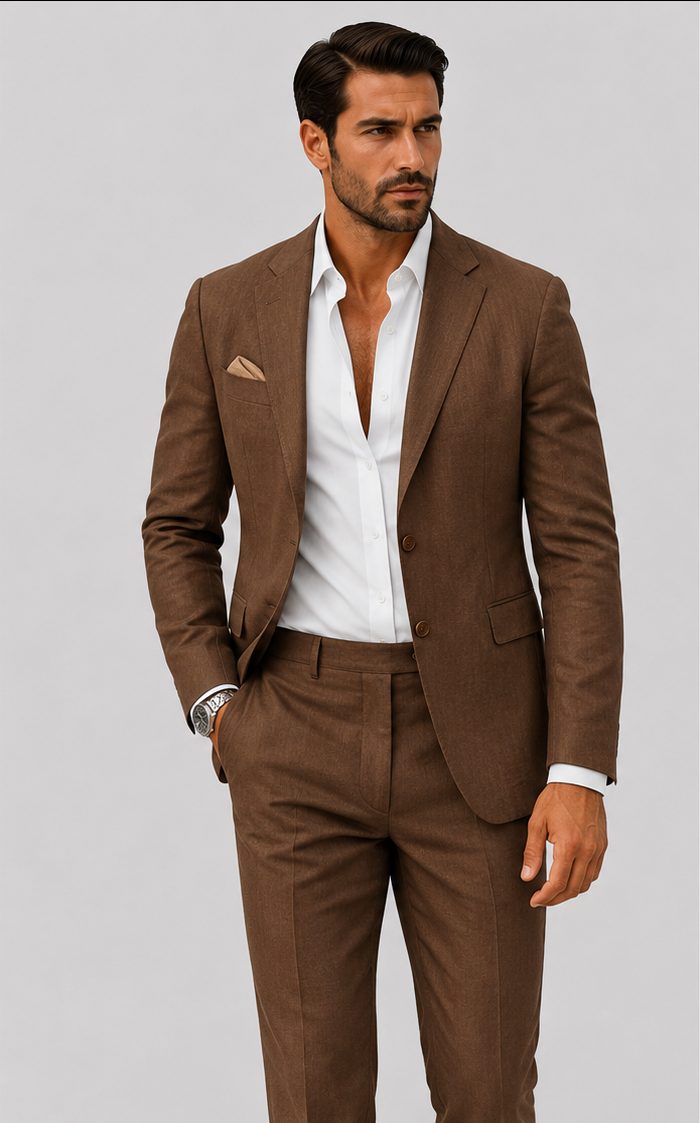 Linen Double-Breasted Slim Fit Suit Set for Men - Brun chocolat