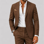 Linen Double-Breasted Slim Fit Suit Set for Men - Brun chocolat