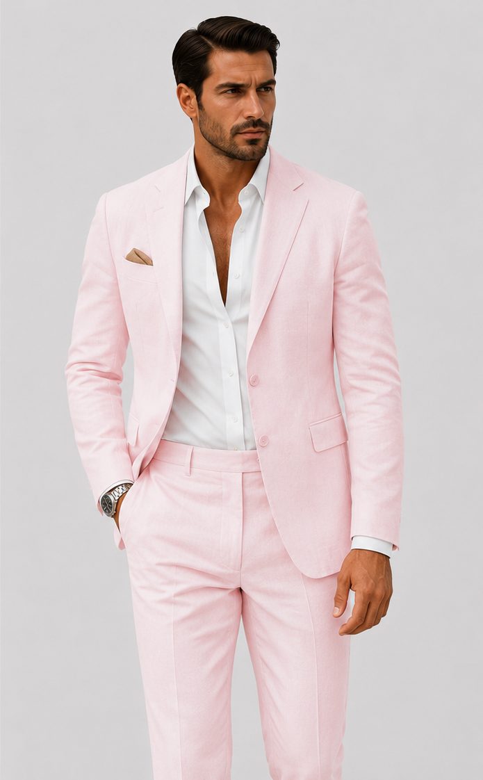 Linen Double-Breasted Slim Fit Suit Set for Men - Rose bébé
