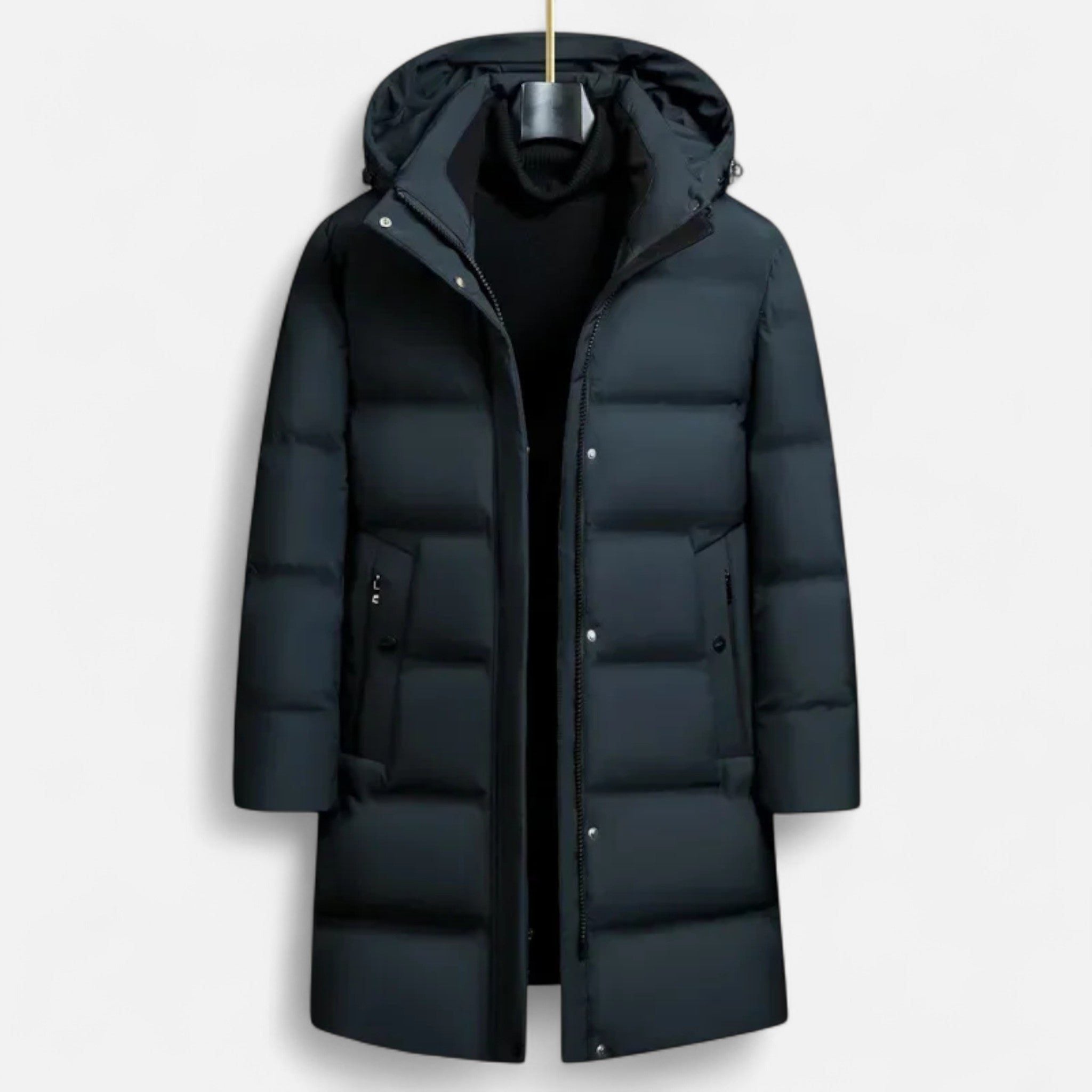 Long Puffer Coat with Hood for Men - Dark Green
