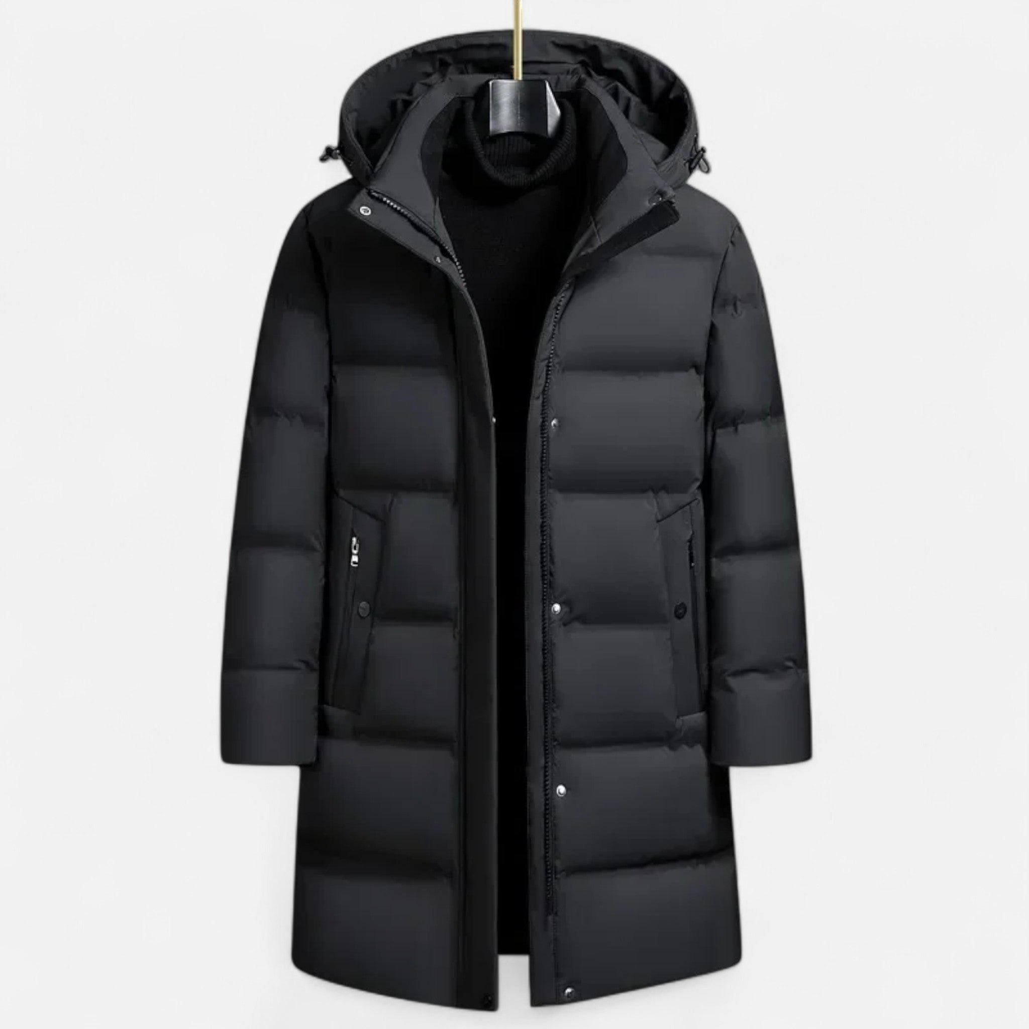 Long Puffer Coat with Hood for Men - Black