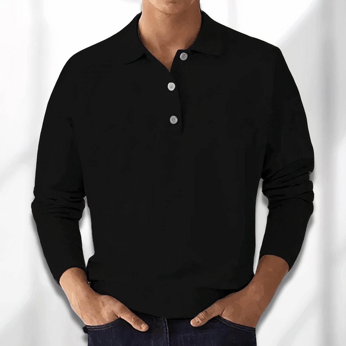 Long Sleeve Knit Polo for Men - Black