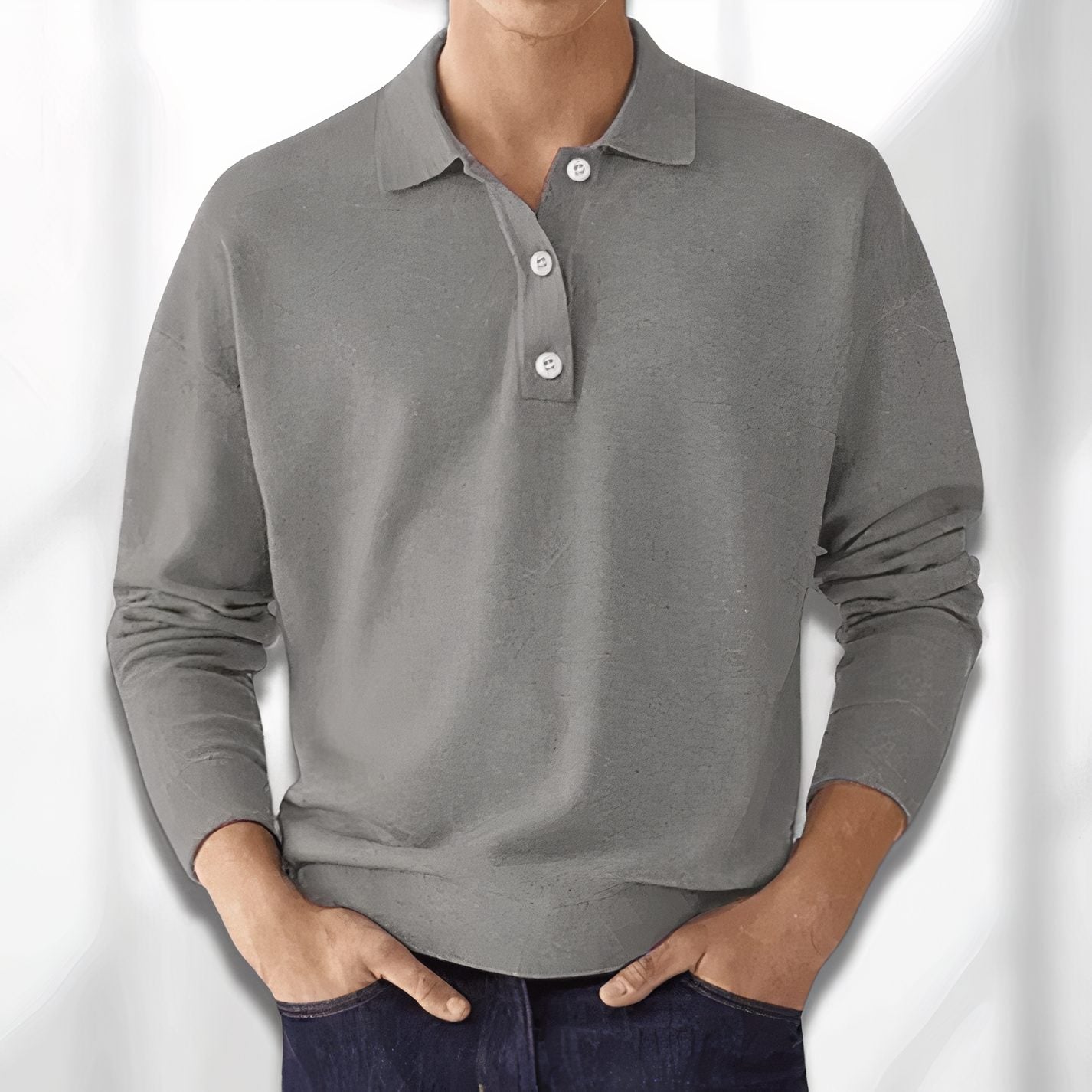 Long Sleeve Knit Polo for Men - Grey