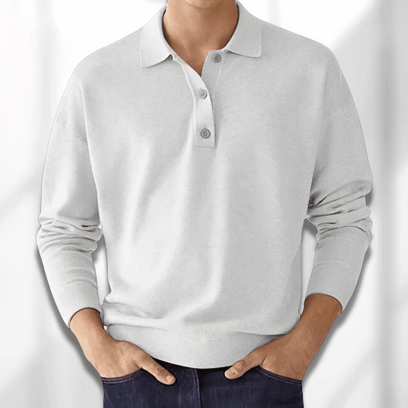 Long Sleeve Knit Polo for Men - White