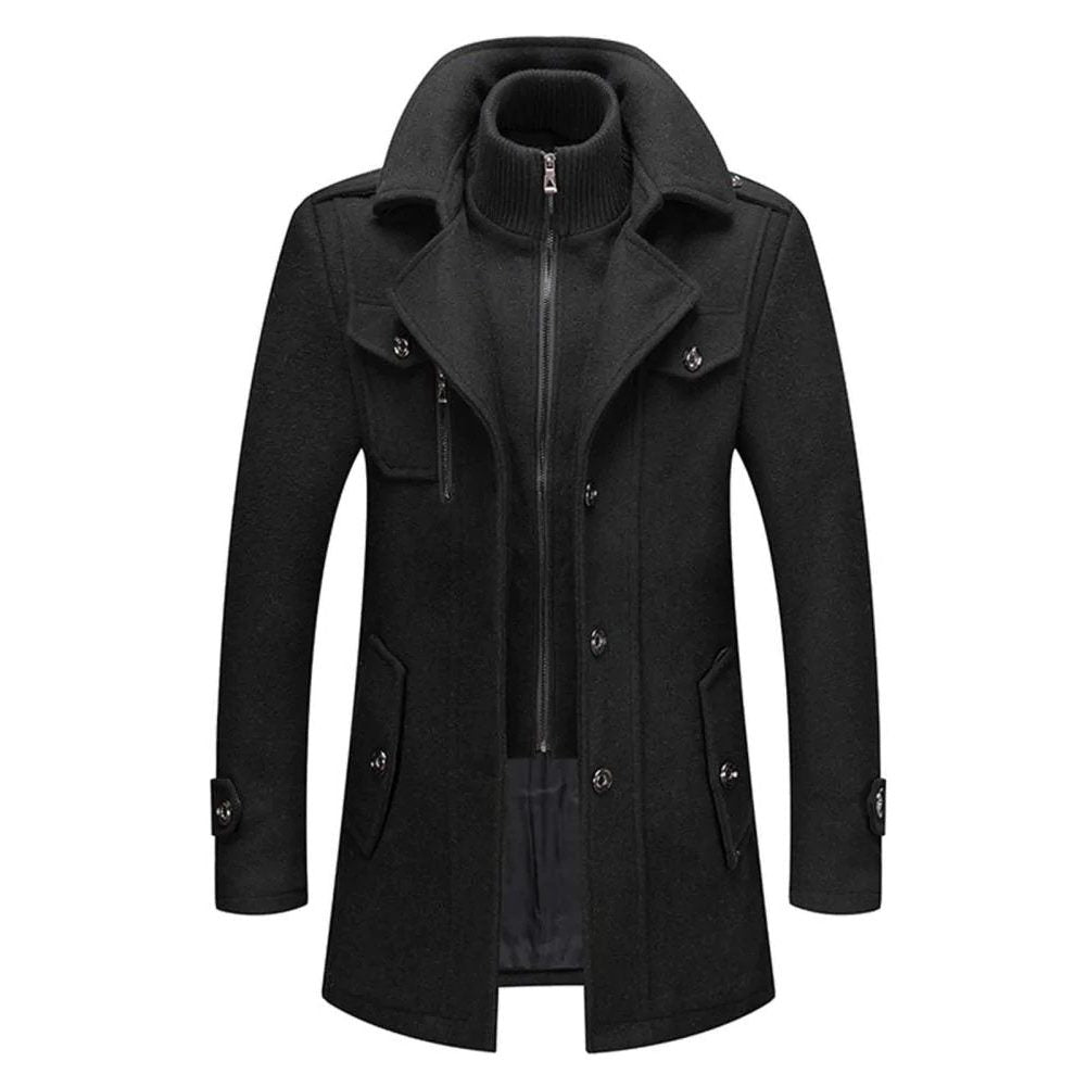 Long Wool Coat with Detachable Knit Collar for Men