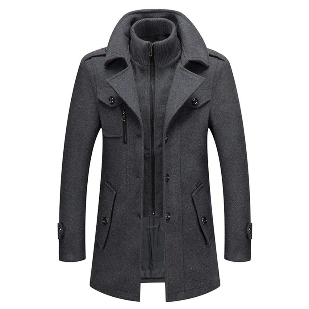 Long Wool Coat with Detachable Knit Collar for Men - Grey