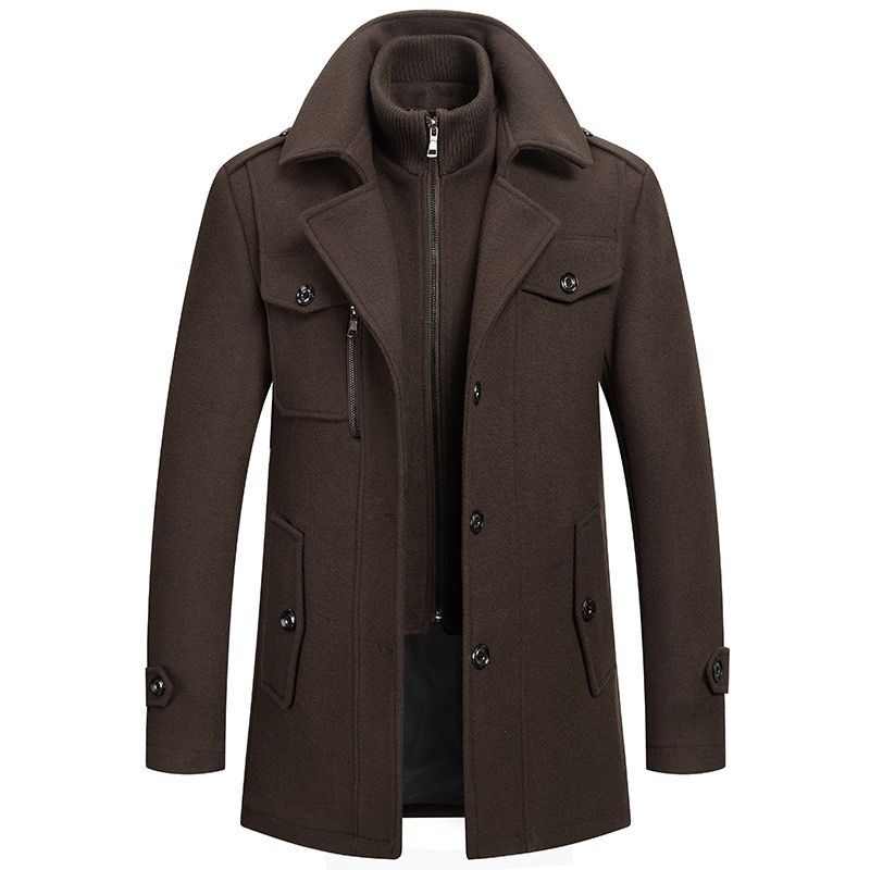 Long Wool Coat with Detachable Knit Collar for Men - Dark Brown