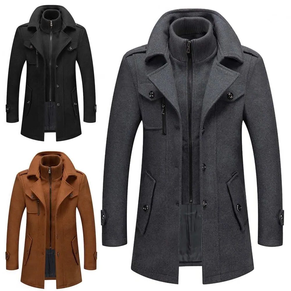 Long Wool Coat with Detachable Knit Collar for Men - View 5