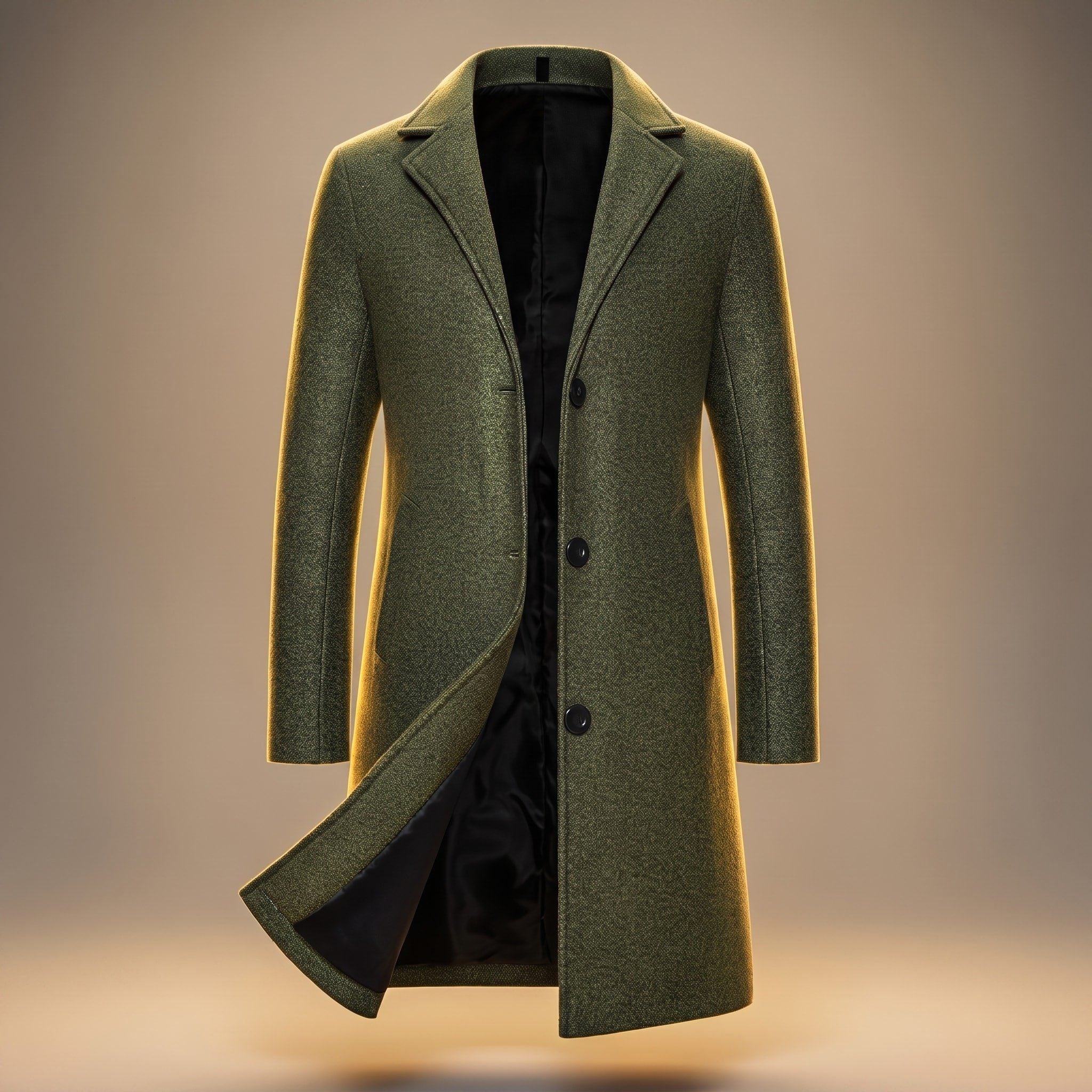 Longline Single-Breasted Wool Overcoat for Men - Army Green