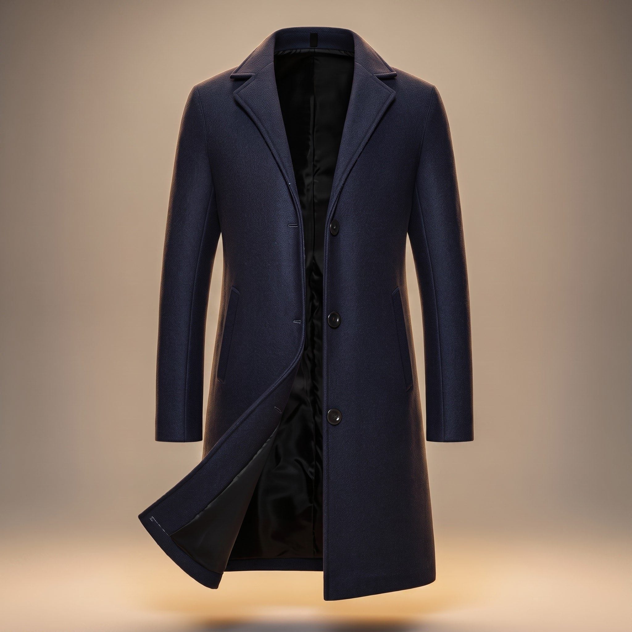 Longline Single-Breasted Wool Overcoat for Men - Navy Blue