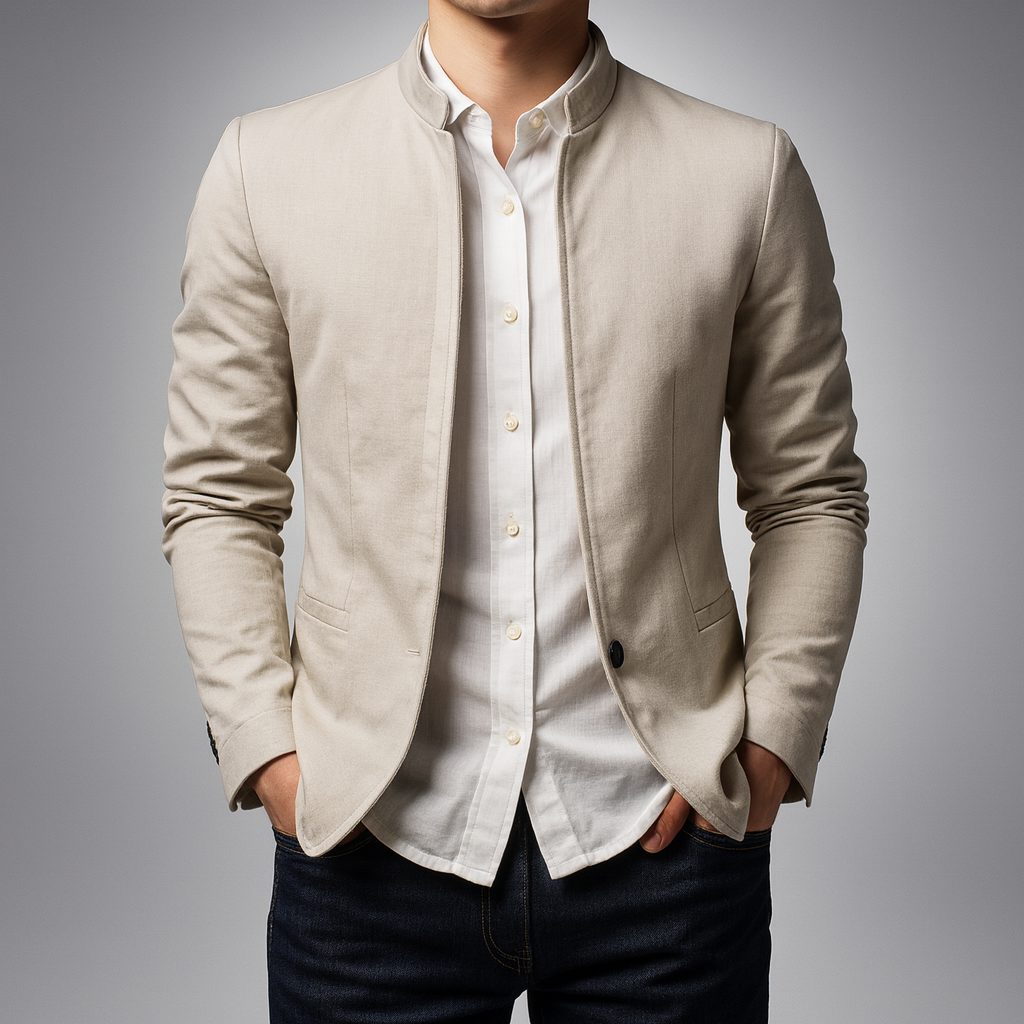 Mandarin Collar Zip-Up Overshirt for Men - White