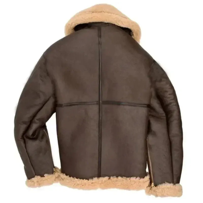 Shearling Collar Zip-Up Leather Jacket for Men
