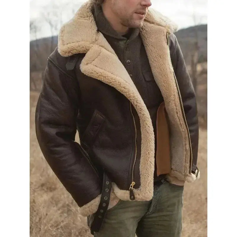 Shearling Collar Zip-Up Leather Jacket for Men